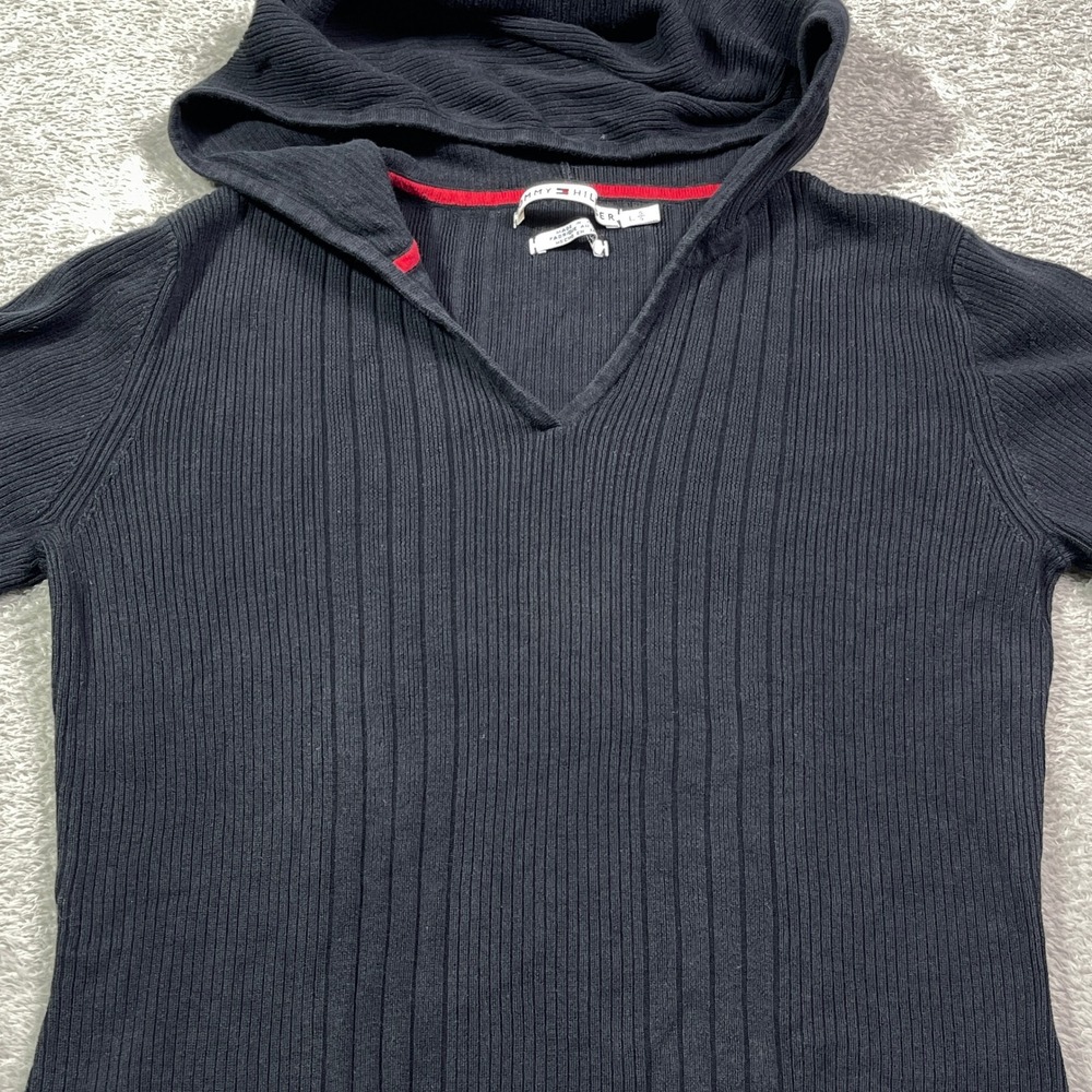 Tommy Hilfiger Black Ribbed Knit Hoodie Women's Large V Neck Top Made in Japan